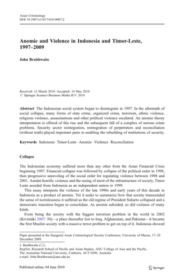 Anomie and Violence in Indonesia and East Timor 1997-2009