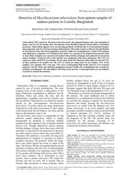 Mycobacterium Tuberculosis from Sputum Samples of Outdoor Patients in Comilla, Bangladesh