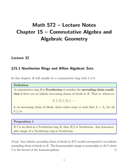 Math 572 – Lecture Notes Chapter 15 – Commutative Algebra and Algebraic Geometry