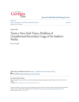 Tasini V. New York Times: Problem of Unauthorized Secondary Usage of an Author's Works Ryan J