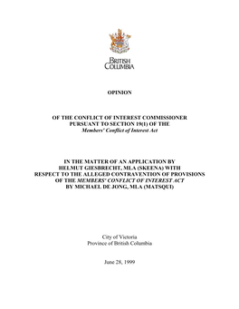 Whether the Honourable Michael De Jong, Mla, Breached the Members' Conflict of Interest Act by Failing