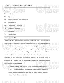 UNIT 7 POSITIVISM and ITS CRITIQUE Structure 7.1