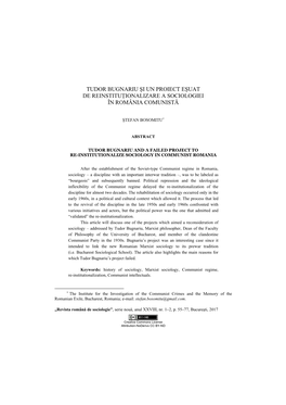 Tudor Bugnariu Şi Un Proiect Eşuat De Reinstituţionalizare a Sociologiei În România Comunistă