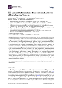 Pan-Cancer Mutational and Transcriptional Analysis of the Integrator Complex