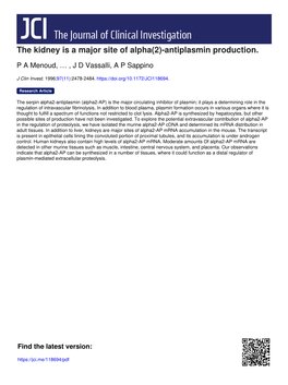 The Kidney Is a Major Site of Alpha(2)-Antiplasmin Production