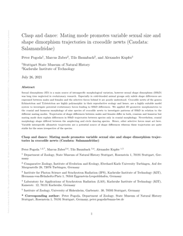 Clasp and Dance: Mating Mode Promotes Variable Sexual Size and Shape Dimorphism Trajectories in Crocodile Newts (Caudata: Salama