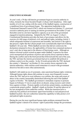 LIBYA EXECUTIVE SUMMARY at Year's End, a 38-Day-Old Interim Government Began to Exercise Authority in Libya, Formerly the Grea