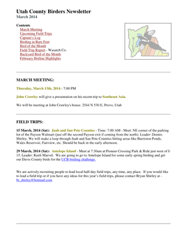 Utah County Birders Newsletter March 2014