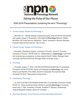 ESA 2016 Presentations Containing the Term “Phenology”