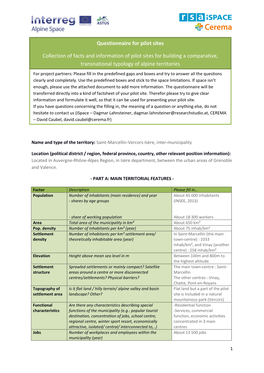 Questionnaire for Pilot Sites Collection of Facts and Information of Pilot Sites