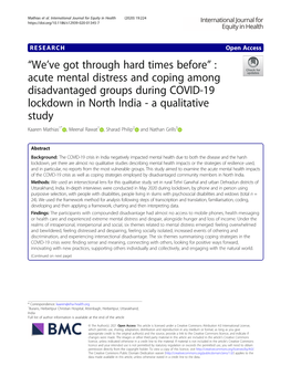 Acute Mental Distress and Coping Among Disadvantaged Groups