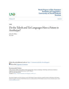 Do the Talysh and Tat Languages Have a Future in Azerbaijan? John M