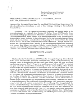 Kreischerville Workers' Houses: 85-87 Kreischer Street, Staten Island, and the Proposed Designation of the Related Landmark Site (Item No