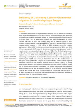 Efficiency of Cultivating Corn for Grain Under Irrigation in the Prialeyskaya Steppe Alexander Davydov1, Ksenia Ermakova2, and Roman Gornostal1