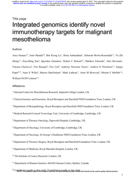 Integrated Genomics Identify Novel Immunotherapy Targets for Malignant Mesothelioma