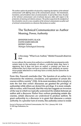 The Technical Communicator As Author Meaning, Power, Authority