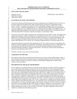 Declaration of the Record of Decision, Operable Unit B-1 Former Adak Naval Complex