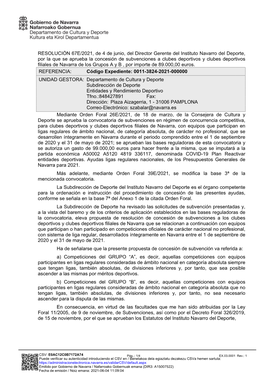 RESOLUCIÓN 67E/2021, De 4 De Junio, Del Director Gerente Del Instituto Navarro Del Deporte, Por La Que Se Apru