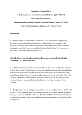 Submission of Labour Party to the Committee on Economic, Social and Cultural Rights (CESCR) on the Implementation of the Interna