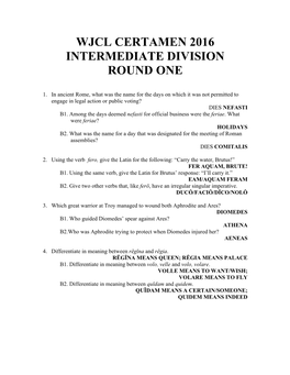 Wjcl Certamen 2016 Intermediate Division Round One