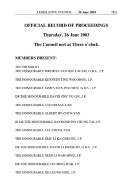 OFFICIAL RECORD of PROCEEDINGS Thursday, 26 June