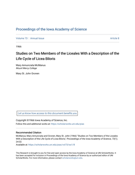 Studies on Two Members of the Liceales with a Description of the Life Cycle of Licea Biloris