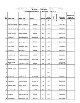 MAHATMA GANDHI SHIKSHAK PRASHIKSHAN MAHAVIDYALAYA , KATORIA, BANKA-813106 List of Admitted Students for the Session - 2017-2019 E G A