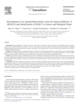 KLK15) and Identification of KLK15 in Tissues and Biological Fluids ⁎ Julie L.V