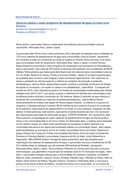 Governo Realiza O Maior Programa De Abastecimento De Água No Meio Rural Governo Enviado Por: Jaquelinedsp@Secs.Pr.Gov.Br Postado Em:25/04/2013 12:40