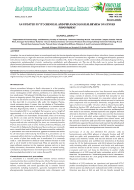 An Updated Phytochemical and Pharmacological Review on Gynura Procumbens