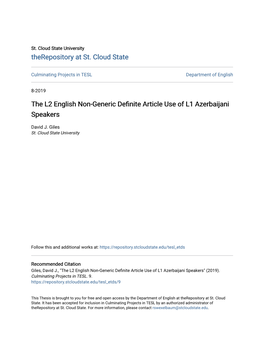 The L2 English Non-Generic Definite Article Use of L1 Azerbaijani Speakers