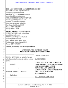 Becerra V. the Coca-Cola Company, No. 17-Cv-5916 COMPLAINT 1 2 3