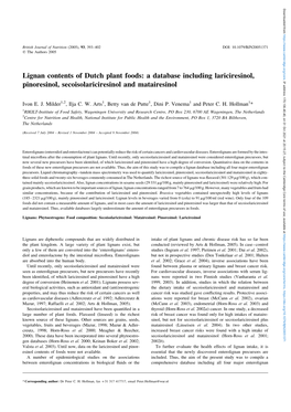 Lignan Contents of Dutch Plant Foods: a Database Including Lariciresinol