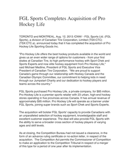 FGL Sports Completes Acquisition of Pro Hockey Life