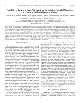 Suitability of the Arroyo Chub (Gila Orcutti) for the Biological Control of Mosquitoes in a Southern California Treatment Wetland