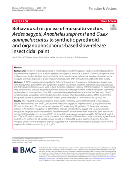 Behavioural Response of Mosquito Vectors Aedes Aegypti, Anopheles