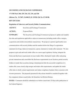 Regulation of Takeovers and Security Holder Communications (Part I); Rel. No. 33-7607; File No. S7-28-98