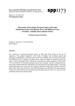 “Interaction of Germanic Personal Names with Latin Onomastics in The