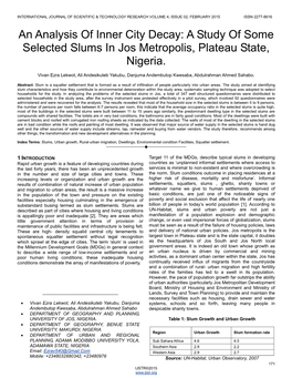 A Study of Some Selected Slums in Jos Metropolis, Plateau State, Nigeria