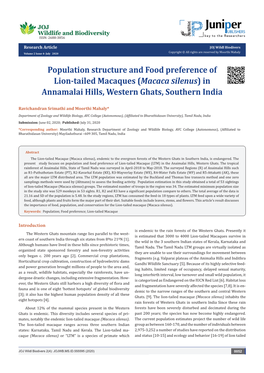 Macaca Silenus) in Annamalai Hills, Western Ghats, Southern India