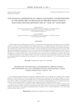 The Financial Operations of Urban and Rural Confraternities in the Koper Area As Revealed by Reports from Church and State Offic