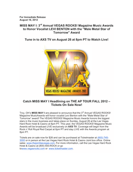 3Rd Annual VEGAS ROCKS! Magazine Music Awards to Honor Vocalist LEVI BENTON with the “Male Metal Star of Tomorrow” Award