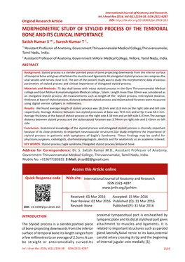 MORPHOMETRIC STUDY of STYLOID PROCESS of the TEMPORAL BONE and ITS CLINICAL IMPORTANCE Satish Kumar S *1, Suresh Kumar T 2