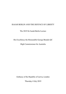 Isaiah Berlin and the Defence of Liberty