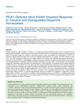 PICK1-Deficient Mice Exhibit Impaired Response to Cocaine and Dysregulated Dopamine Homeostasis