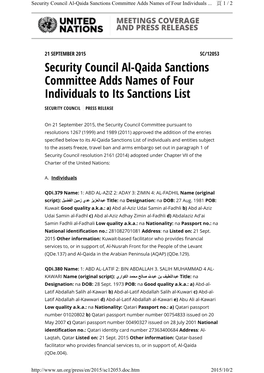 Security Council Al-Qaida Sanctions Committee Adds Names of Four Individuals to Its Sanctions List