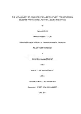 The Management of Junior Football Development Programmes in Selected Professional Football Clubs in Gauteng