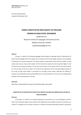 Vowel!Length!In!Da.Ang!Dialect!Of!Palaung!! Spoken!In!Shan!State,!Myanmar!