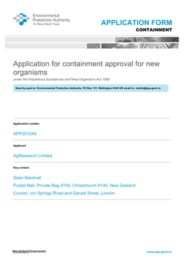 Application for Containment Approval for New Organisms Under the Hazardous Substances and New Organisms Act 1996