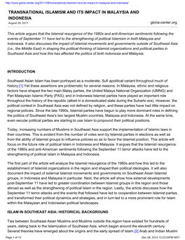 TRANSNATIONAL ISLAMISM and ITS IMPACT in MALAYSIA and INDONESIA August 29, 2011 Gloria-Center.Org